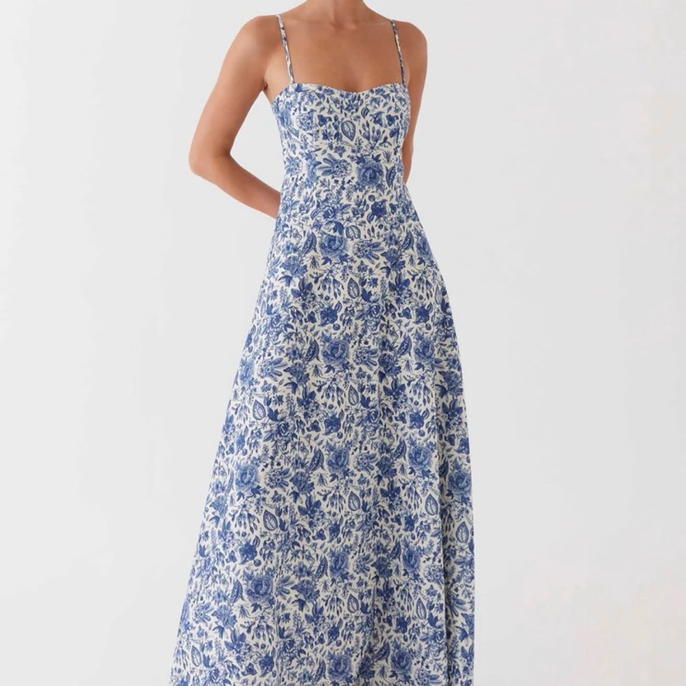Blue and White Floral Maxi Dress with Spaghetti Straps